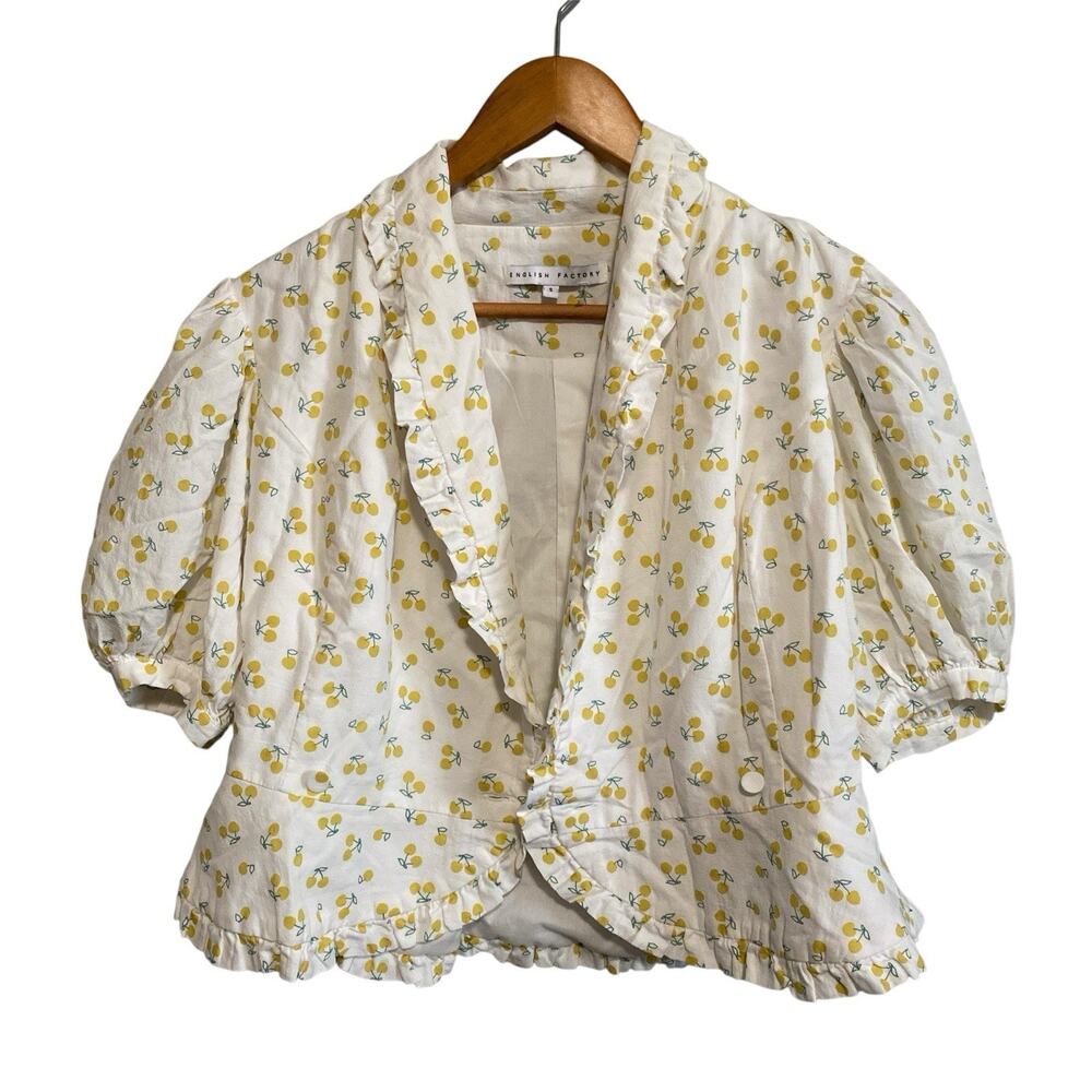 English Factory Yellow Cherry Print Lightweight Short Sleeve Cotton Jacket Small